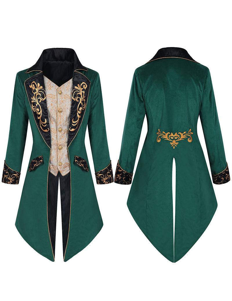 Men's green tailcoat jacket with gold filigree embroidery and long asymmetrical tails