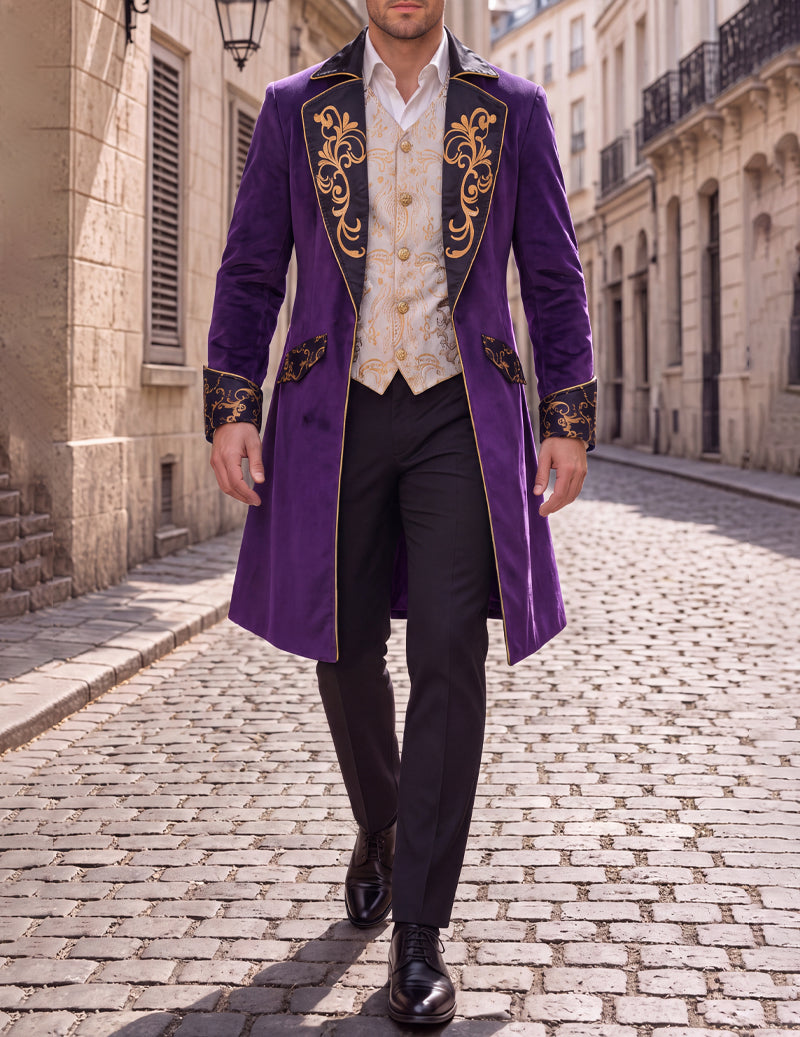 Men's tailcoat jacket, imperial purple with gold scroll embroidery and contrast trim