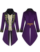 Men's tailcoat jacket, imperial purple with gold back emblem and yellow-trim detail