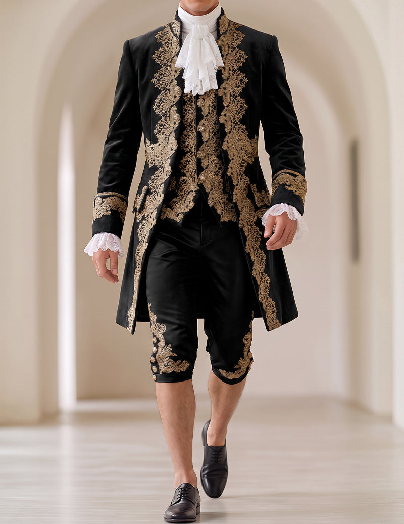 Men’s baroque prince costume set in dark fabric with gold embroidered coat, vest, and knee pants