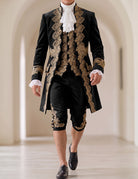 Men's baroque prince costume set, black coat with gold embroidery and lace cuffs