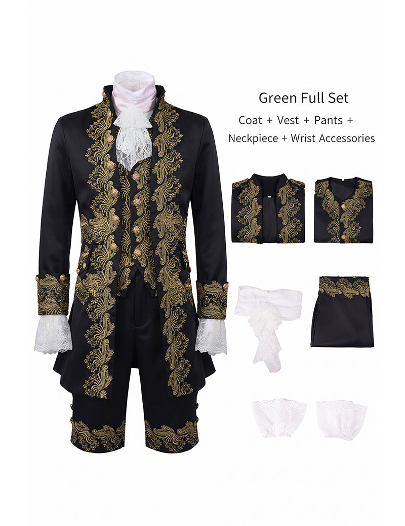 Men's baroque prince costume set, green coat with gold embroidery and knee-length pants
