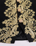 Baroque prince costume coat front, black fabric with ornate gold lace embroidery