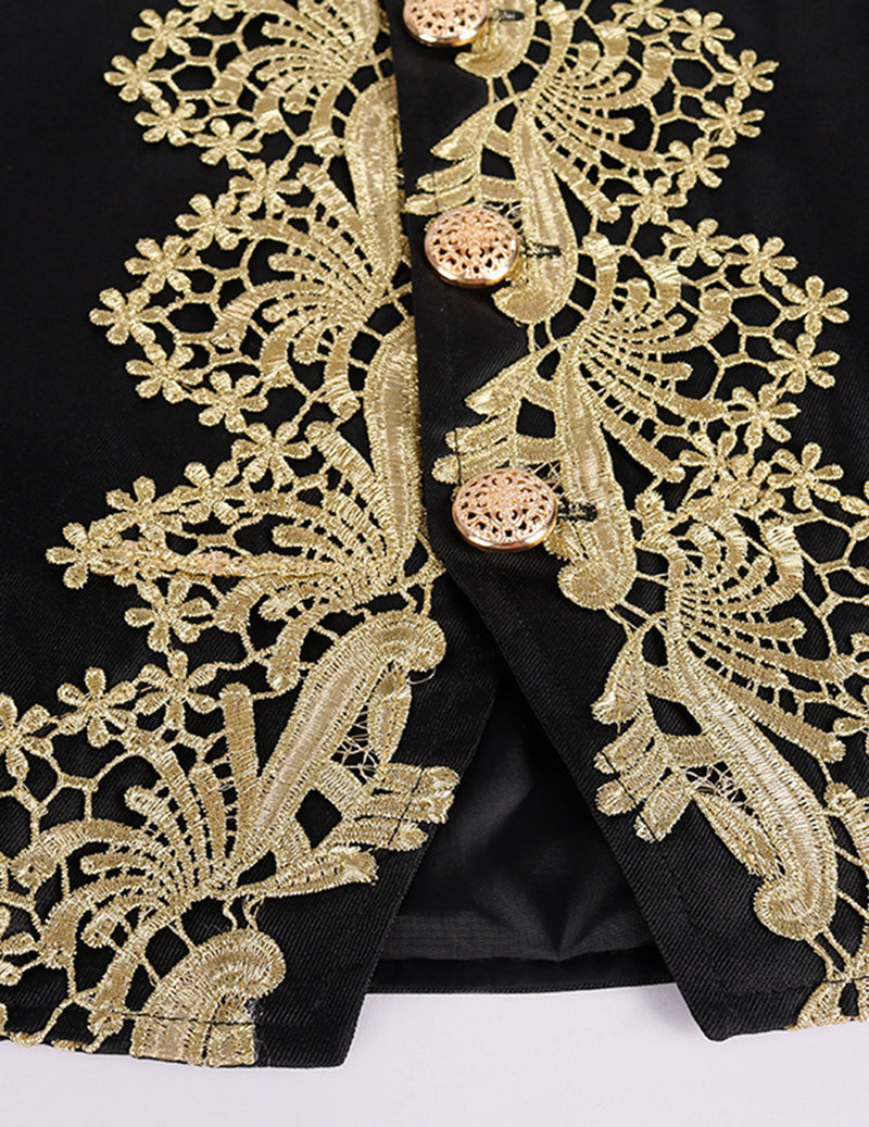 Baroque prince costume coat front, black fabric with ornate gold lace embroidery