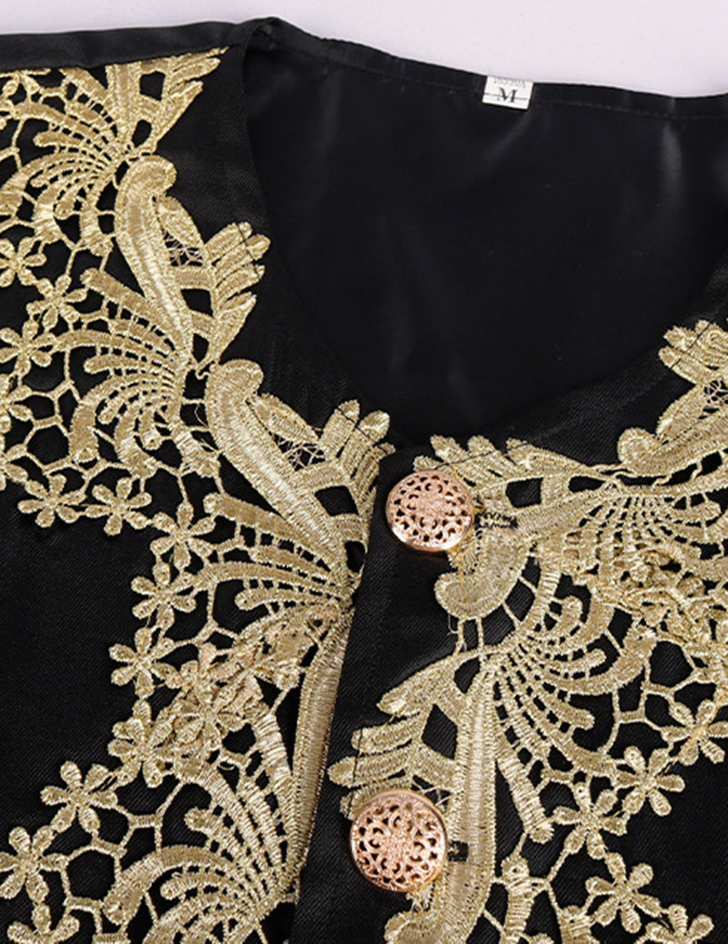 Baroque prince coat front with detailed gold filigree embroidery on dark fabric