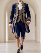 Men's baroque prince costume set, blue coat with gold embroidery, vest, and knee pants