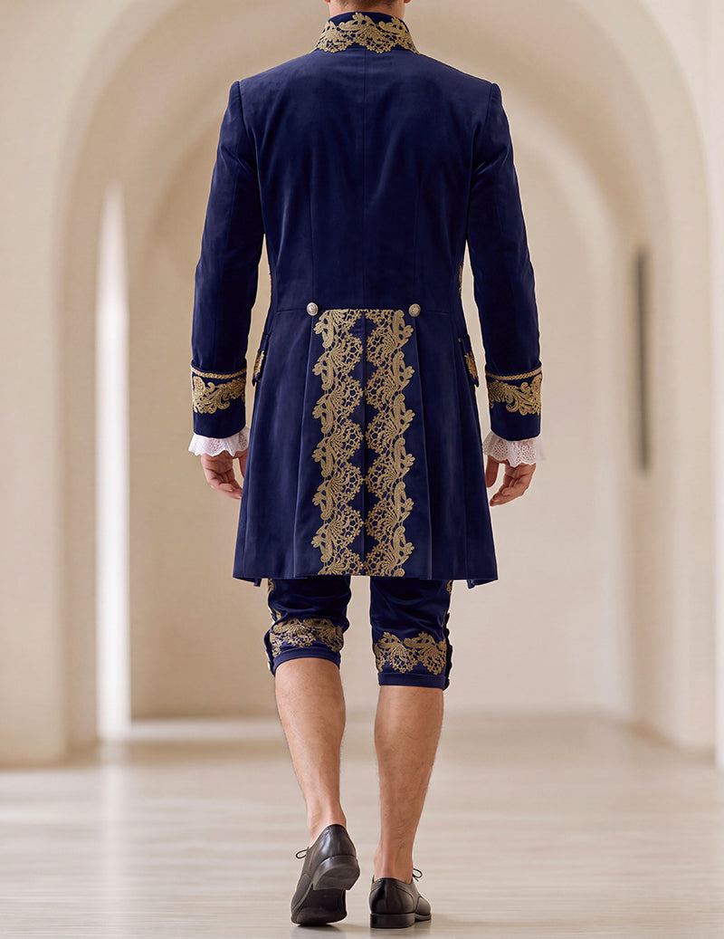 Men's baroque prince costume set, navy back coat with gold panel and lace cuffs