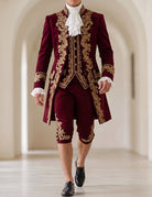 Men’s baroque prince costume set in burgundy with gold embroidered coat, vest, and knee pants