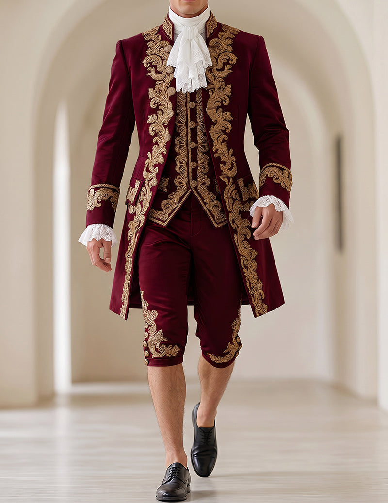 Men's baroque prince costume set, burgundy coat with gold embroidery and lace cuffs