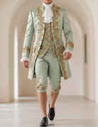 Men’s baroque prince costume set in light green with gold embroidered coat, vest, and knee pants