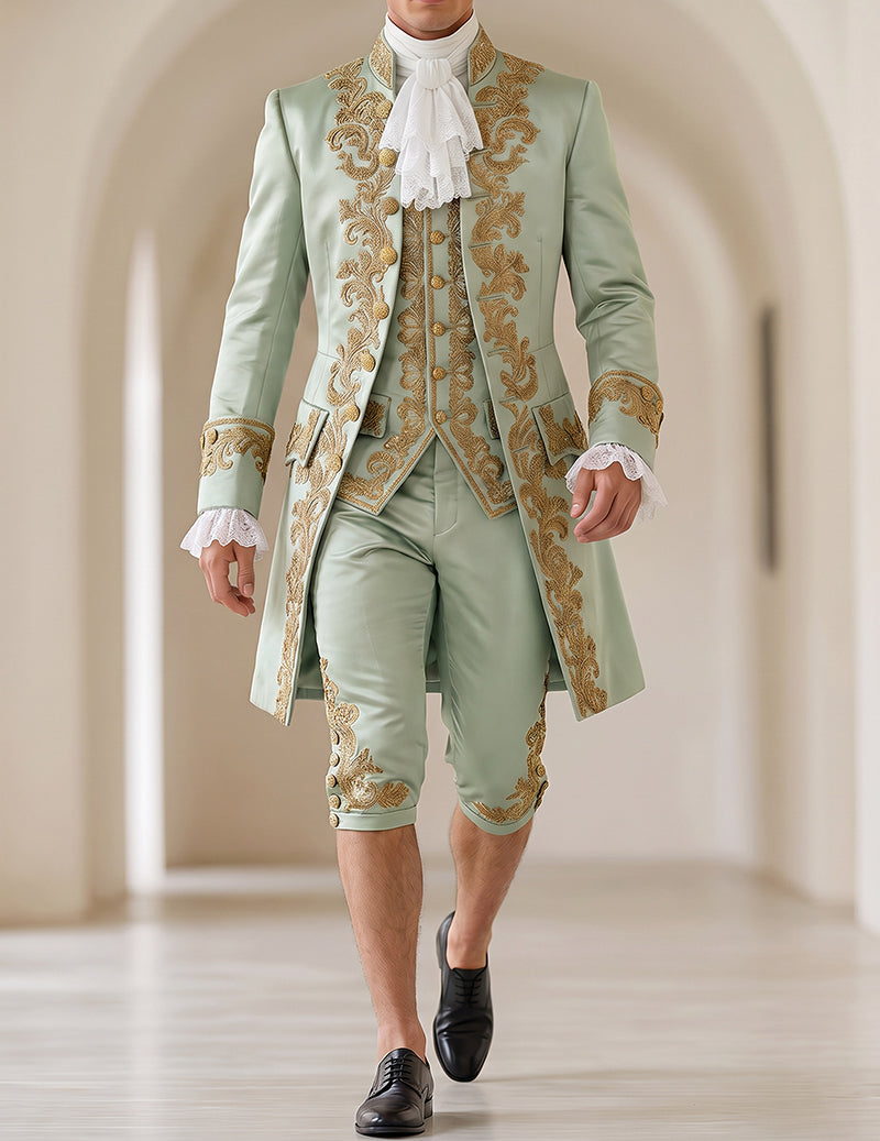 Men’s baroque prince costume set in light green with gold embroidered coat, vest, and knee pants