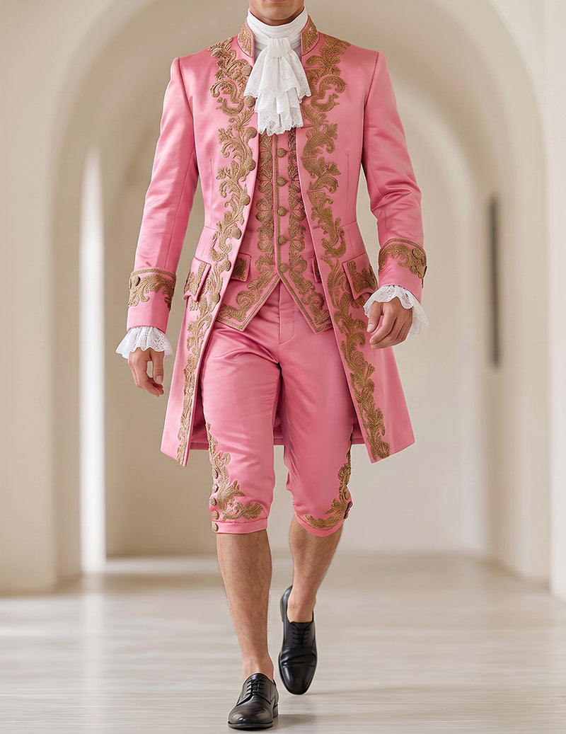 Men’s baroque prince costume set in pink with gold embroidered coat, vest, and knee pants