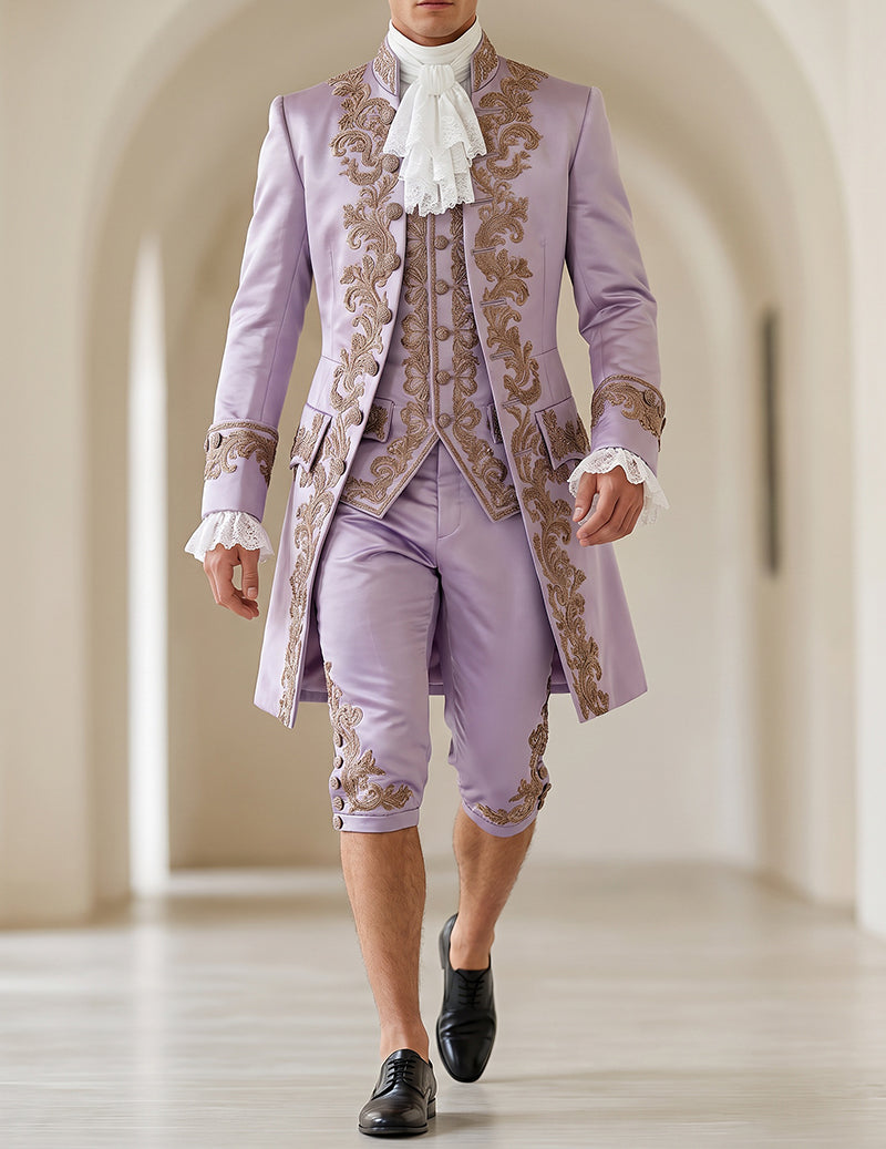 Men's baroque prince costume set, lavender coat with gold embroidery and lace cuffs