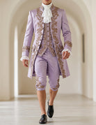 Men's baroque prince costume set in lavender: embroidered long coat, vest, knee pants with lace cuffs