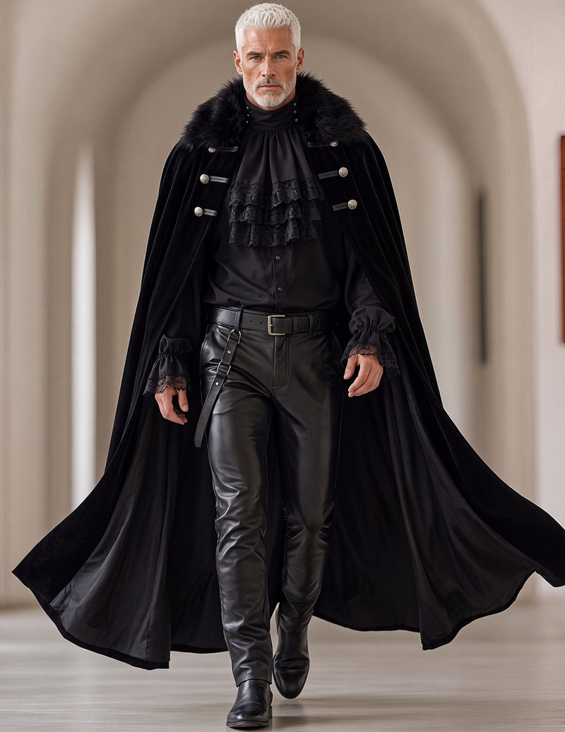 Men's gothic 3-piece set, black cape with faux-fur collar, ruffled shirt detail, leather-look pants