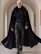 Men's gothic 3-piece set, black cape with faux-fur collar, ruffled shirt detail, leather-look pants