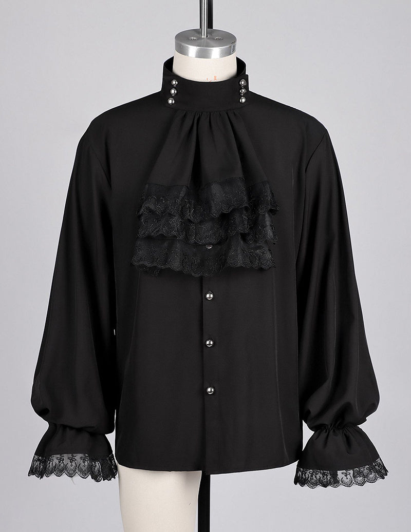 Black ruffled gothic shirt with lace trim cuffs and button front, stand collar