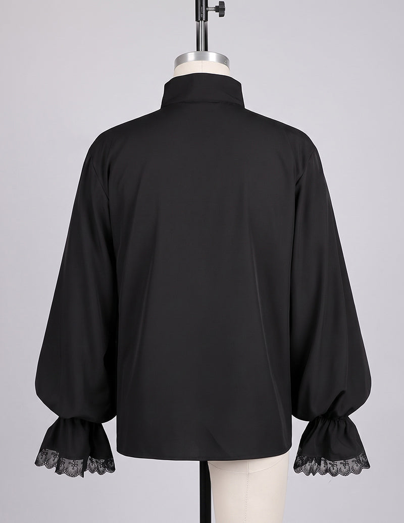 Back view of black button-up shirt with lace-trim sleeve cuffs