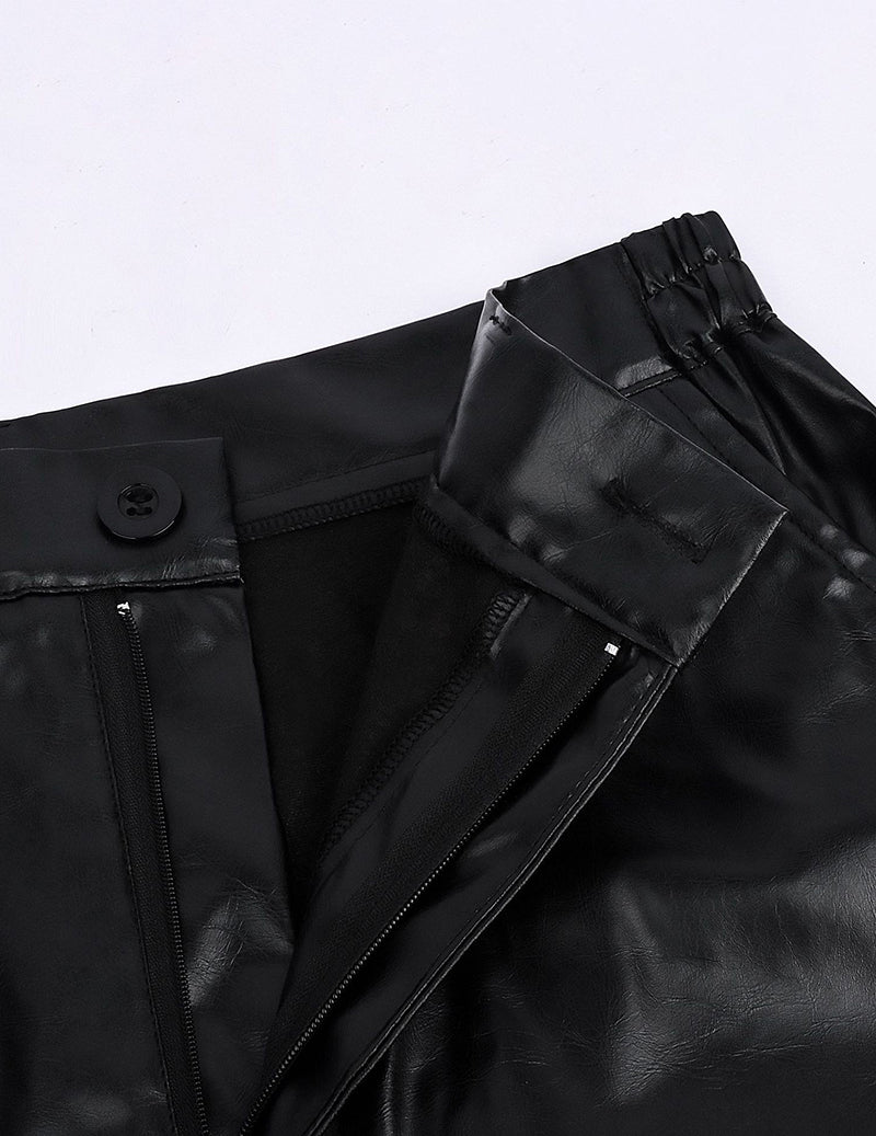 Black leather-look pants with zip fly, belt loops, and stitched seam details