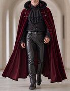 Gothic 3-piece set with burgundy cape, black ruffled shirt, and leather-look pants