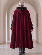 Men's gothic 3-piece set, burgundy cape with black faux-fur collar, long hooded cape