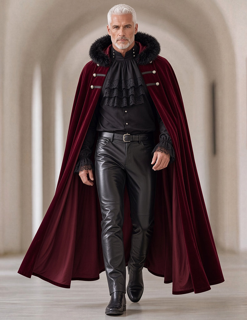 Men's gothic set: burgundy fur-collared cape, ruffled black shirt, leather-look pants