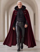 Men's gothic set: burgundy fur-collared cape, ruffled black shirt, leather-look pants