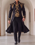 Men's black long frock coat with stand collar and gold baroque front panel