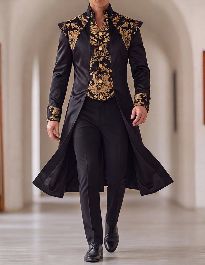 Black long frock coat with baroque patterned vest panel and stand collar