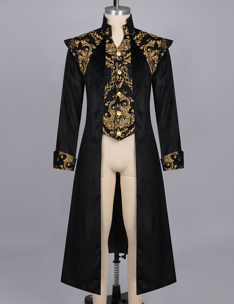 Black long frock coat on mannequin with stand collar and gold baroque vest-style front
