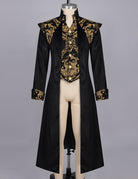 Black long frock coat with gold baroque vest panel and stand collar on mannequin