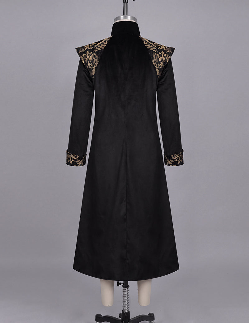 Black long frock coat on mannequin with stand collar and ornate gold cuff trim