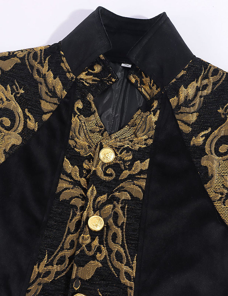 Black stand-collar coat with gold baroque embroidered front panel and button details