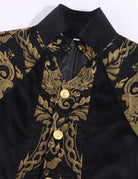 Black stand-collar coat with gold baroque embroidered front panel and button details