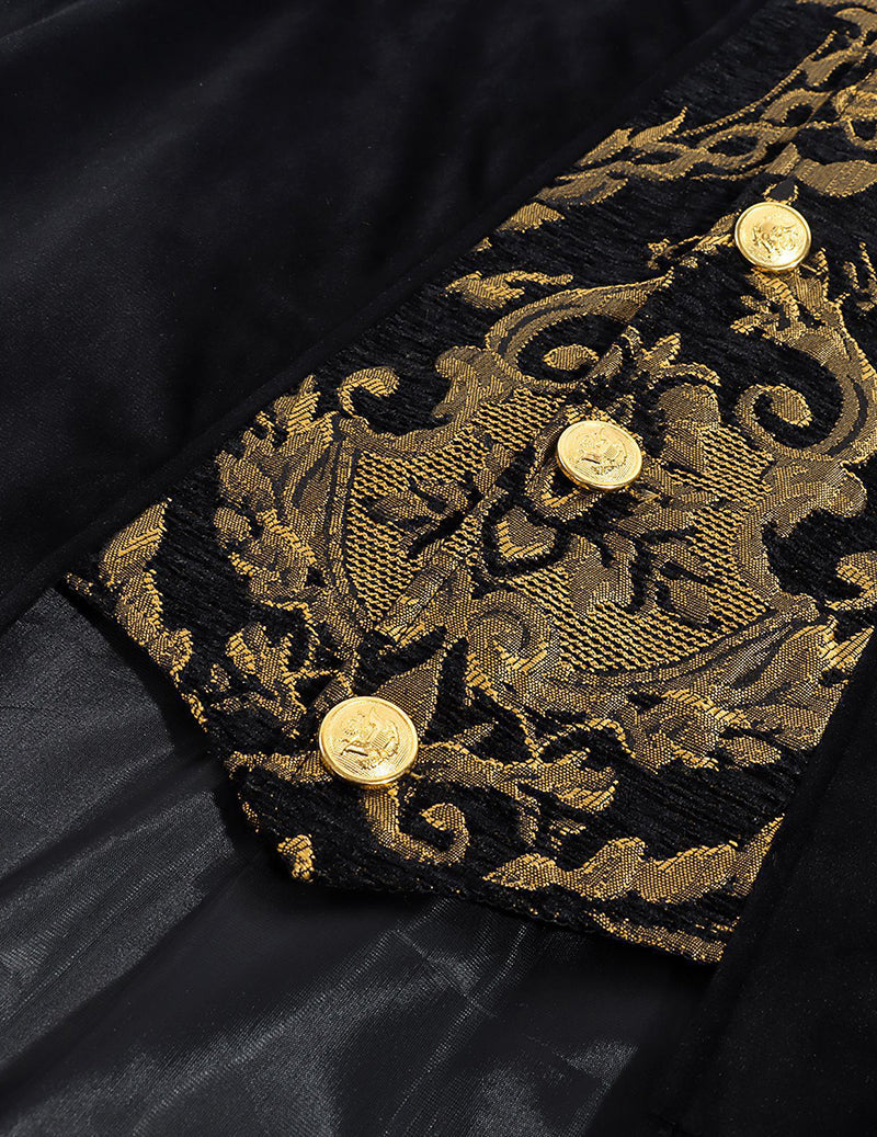 Close-up of black coat cuff panel with gold baroque embroidery and round buttons