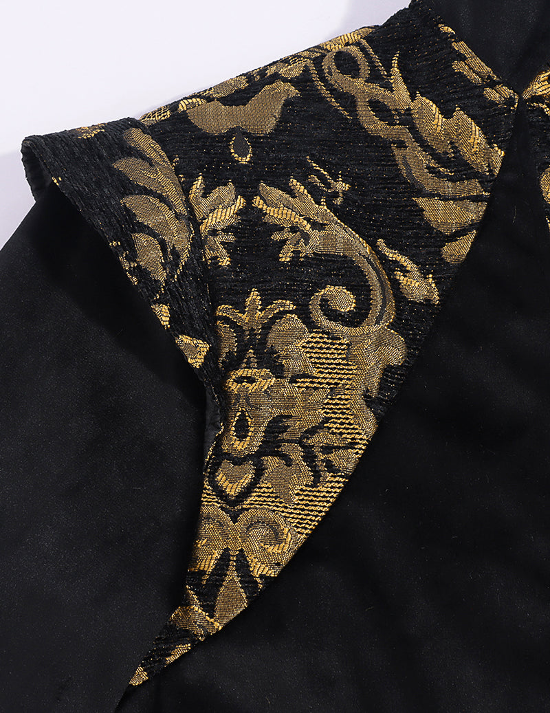 Gold baroque embroidered stand-collar detail on a black long frock coat