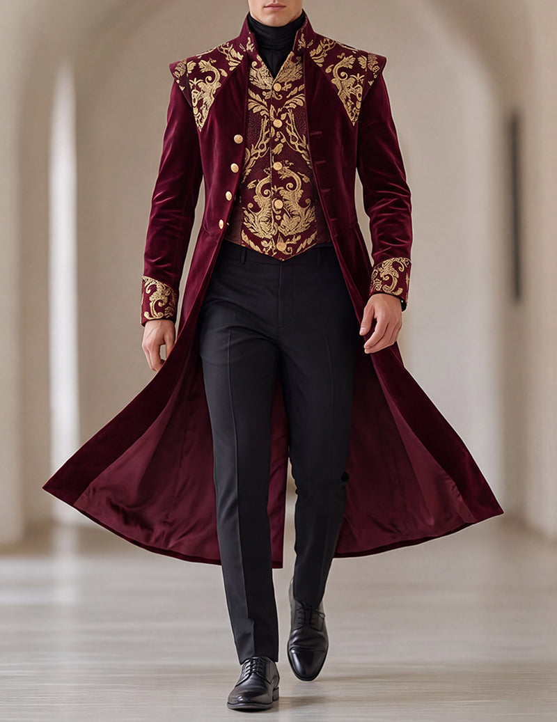 Men's burgundy long frock coat with stand collar and gold baroque front trim