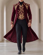 Men's burgundy long frock coat with stand collar and gold baroque front trim