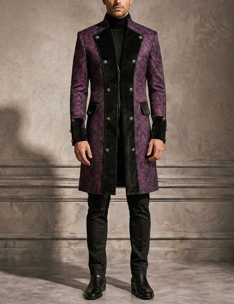 Men's purple baroque double-breasted coat with black front panels and buttons