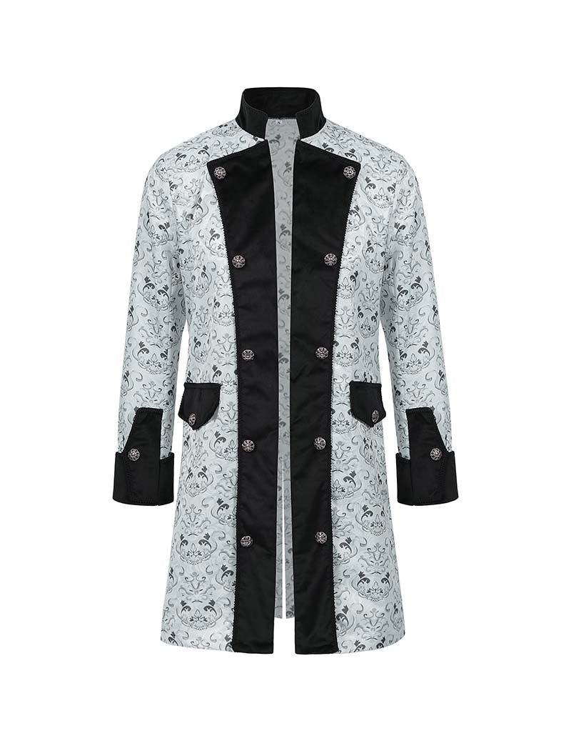 Men's silver baroque double-breasted coat with black panels and decorative print