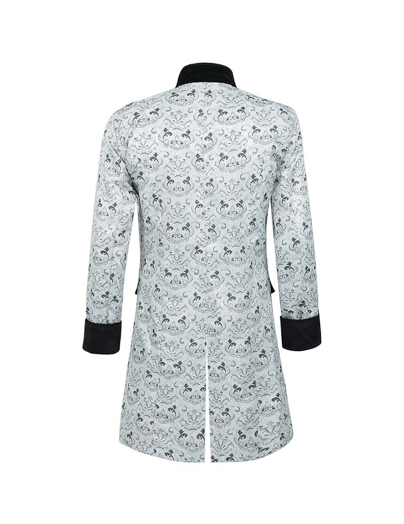 Men's silver baroque double-breasted coat, back view with black cuffs