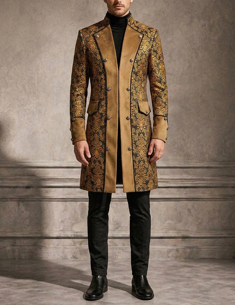 Men's gold baroque double-breasted coat with beige front panels