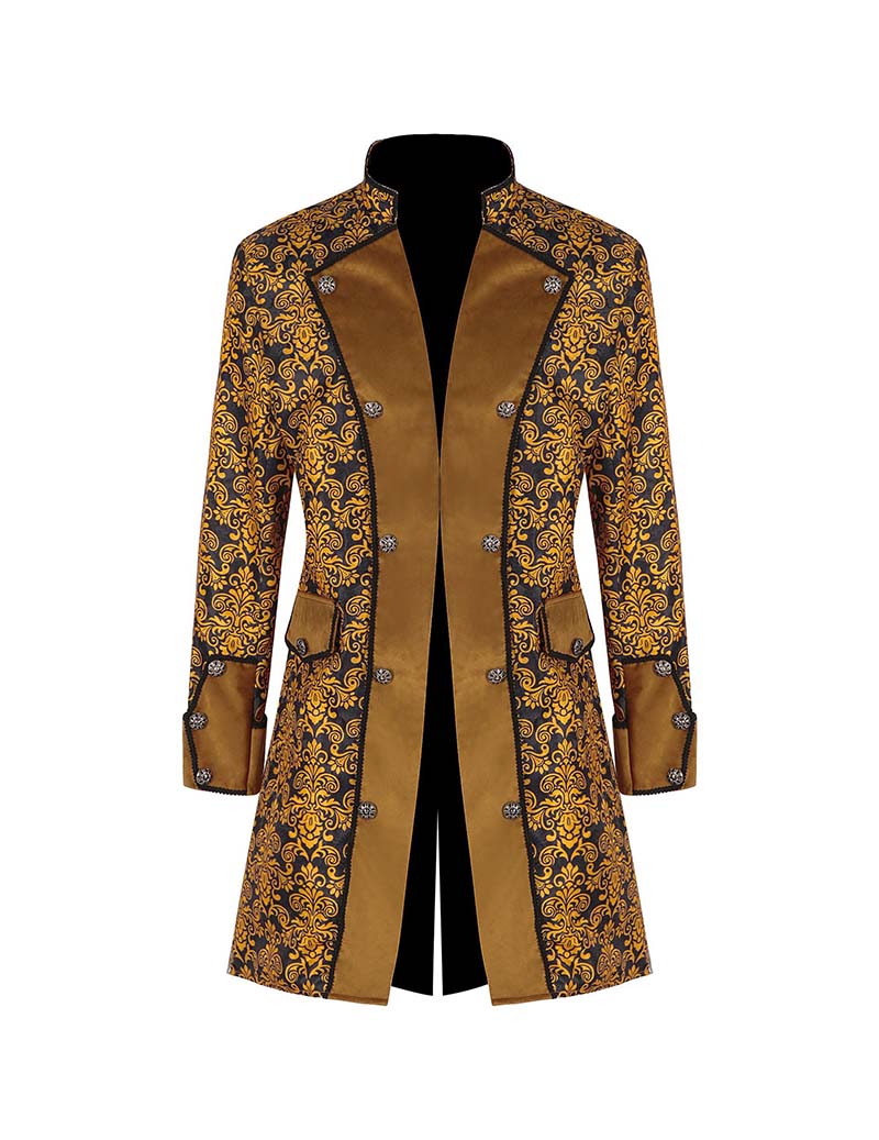Men's gold baroque double-breasted coat with black lapels and beige panels
