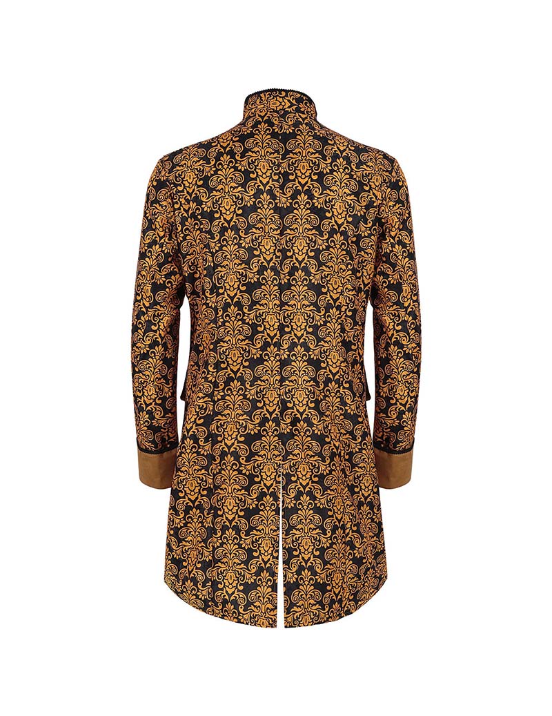 Men's gold baroque double-breasted coat, back view with dark collar
