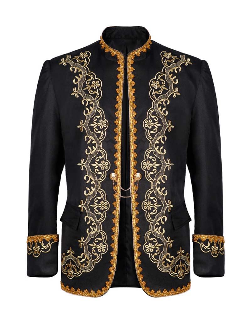 Men's black mandarin-collar blazer with gold baroque embroidery along front and sleeves