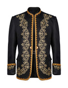 Men's black mandarin-collar blazer with gold baroque embroidery along front and sleeves