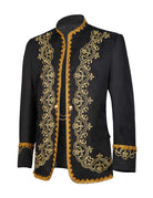 Men's black embroidered mandarin-collar blazer jacket with gold trim and button placket