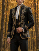 Men's black embroidered mandarin-collar blazer jacket with gold ornate trim