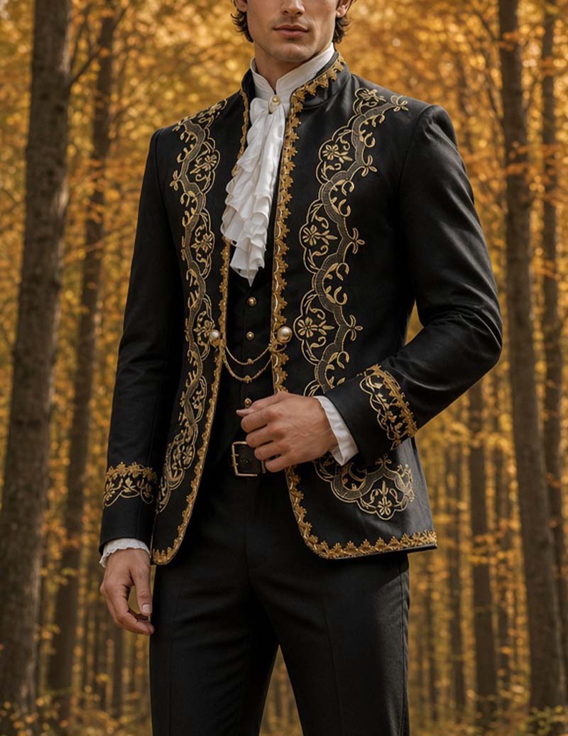 Men's black embroidered mandarin-collar blazer jacket with gold ornate trim