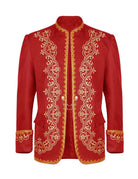 Men's red embroidered mandarin-collar blazer jacket with gold ornate front trim